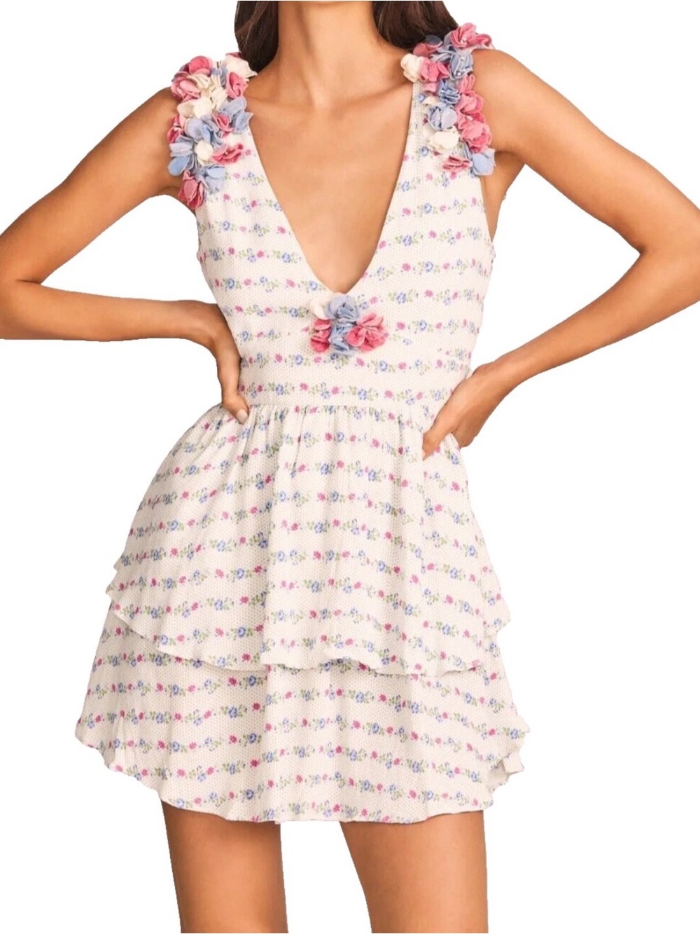 LoveShackFancy Shayna Mini 3D Floral Tiered V Neck Mini Dress Lilac Crema Size 4